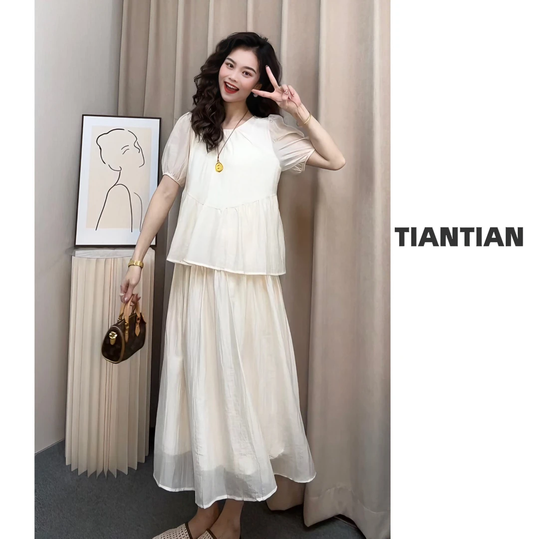 【恬恬】2025夏季【云纱】设计感假两件拼接短袖宽松连衣裙#8992