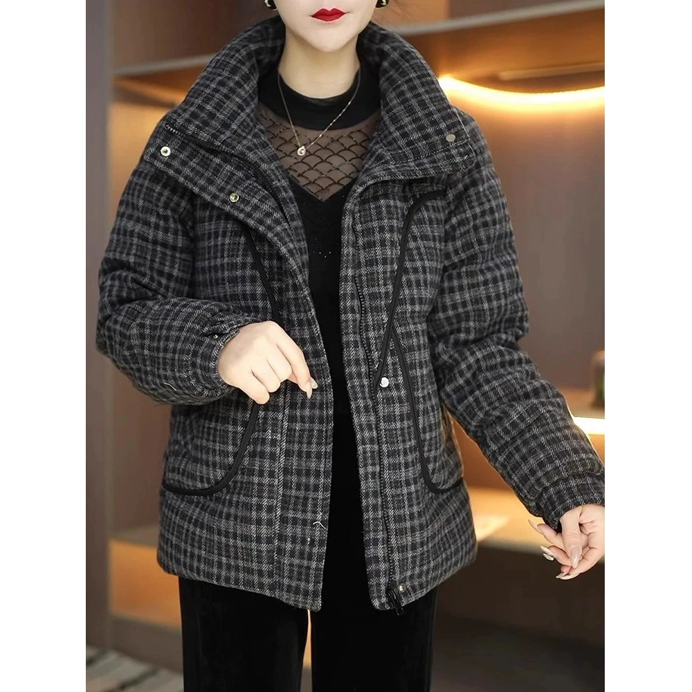 复古格纹保暖棉服上衣女时尚新款女装洋气立领短款女士休闲外套