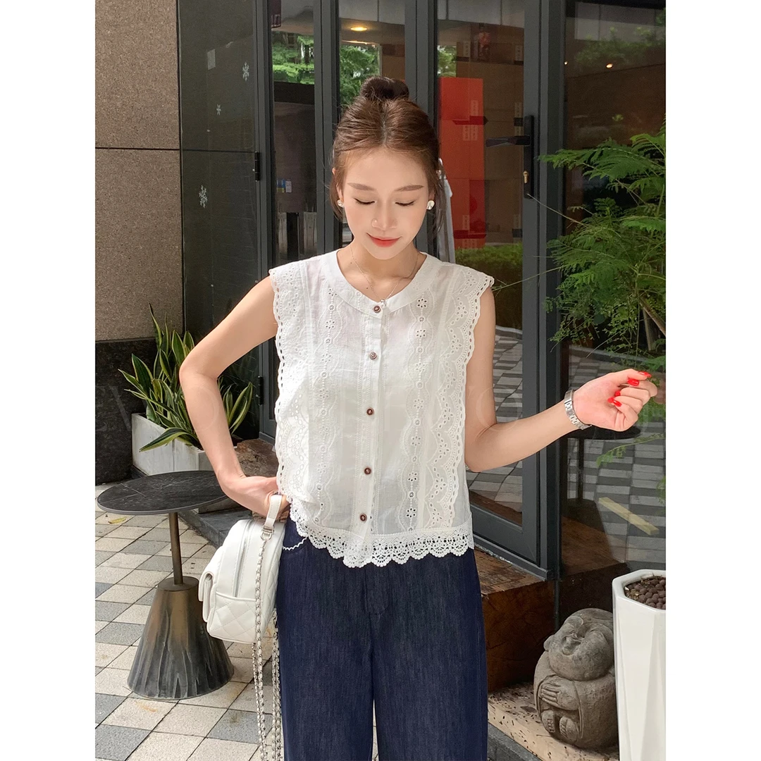 【小爽小个子】夏季新款宽松百搭气质镂空小众拼接上衣-8505