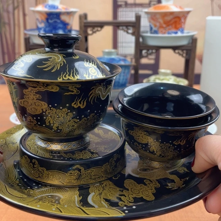 摆件陶黑金龙五件套