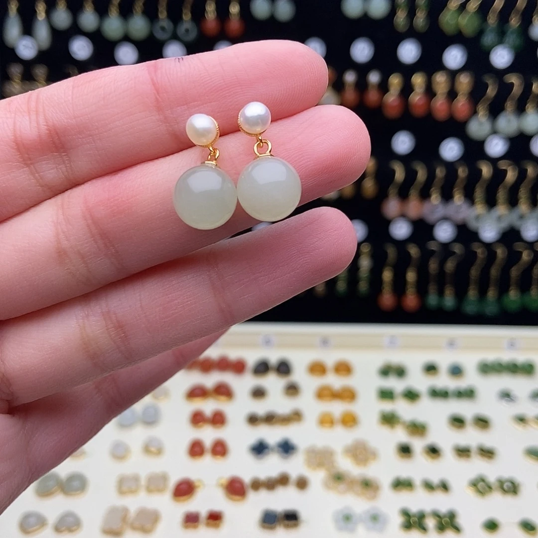 和田玉银S925镀金镶嵌耳饰