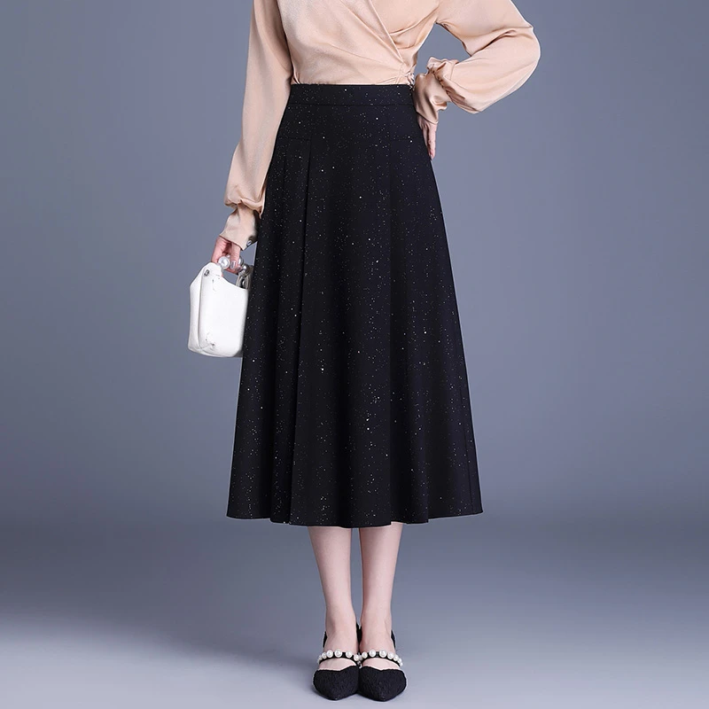 【官方正品】时尚亮片半身裙女春季2025新款中长高腰a字裙大摆伞裙
