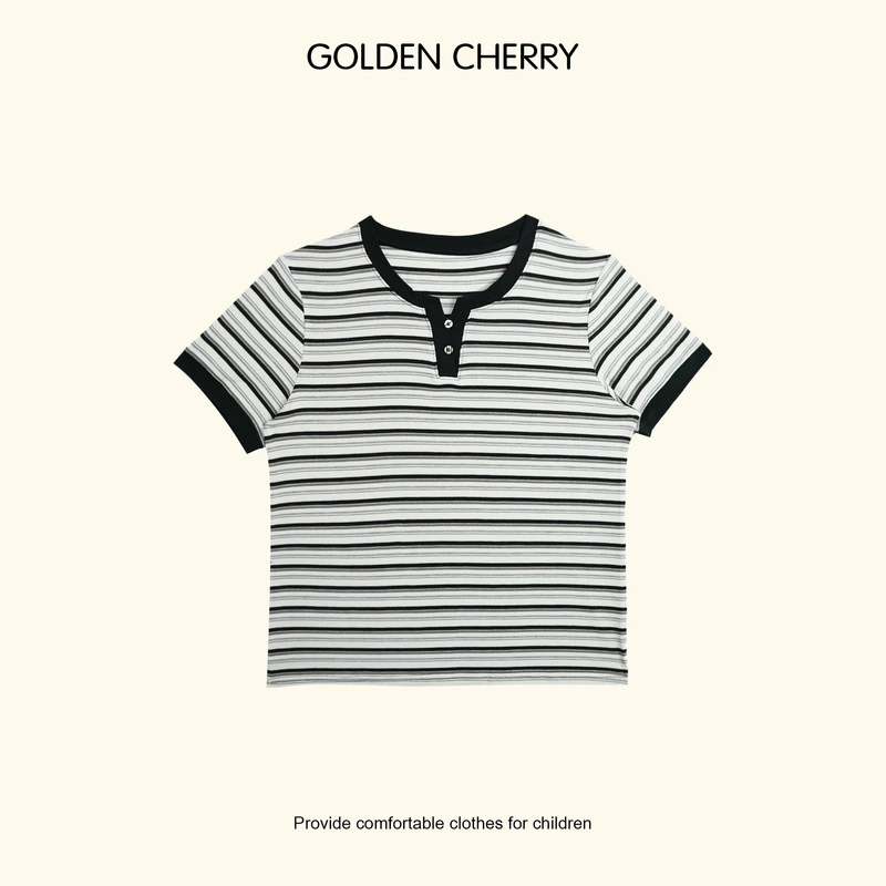 【金樱桃Golden cherry】亲子条纹撞色两粒扣洋气百搭t恤277