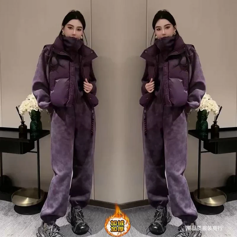 休闲运动套装冬季加绒加厚马甲新款时尚翻领开衫外套加绒三件套女