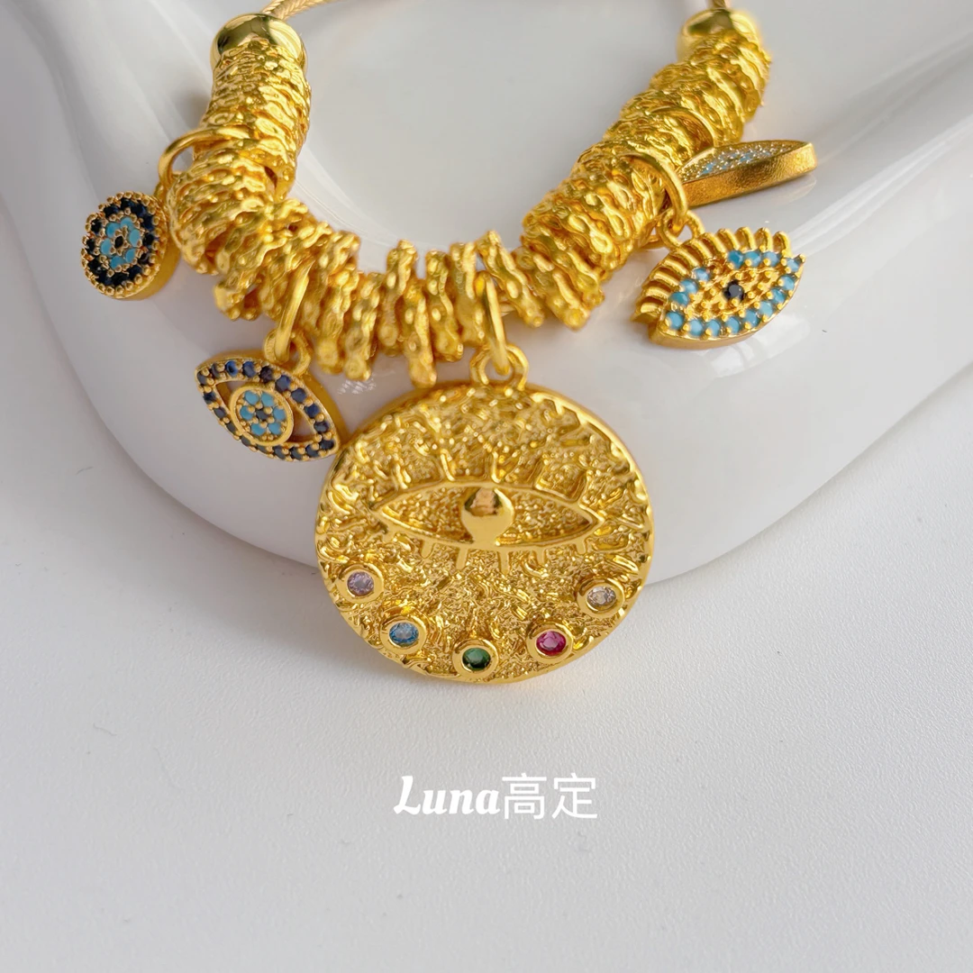 铜合金合成锆石手链 Luna定制0502古法款眼睛吊坠时尚个性手链