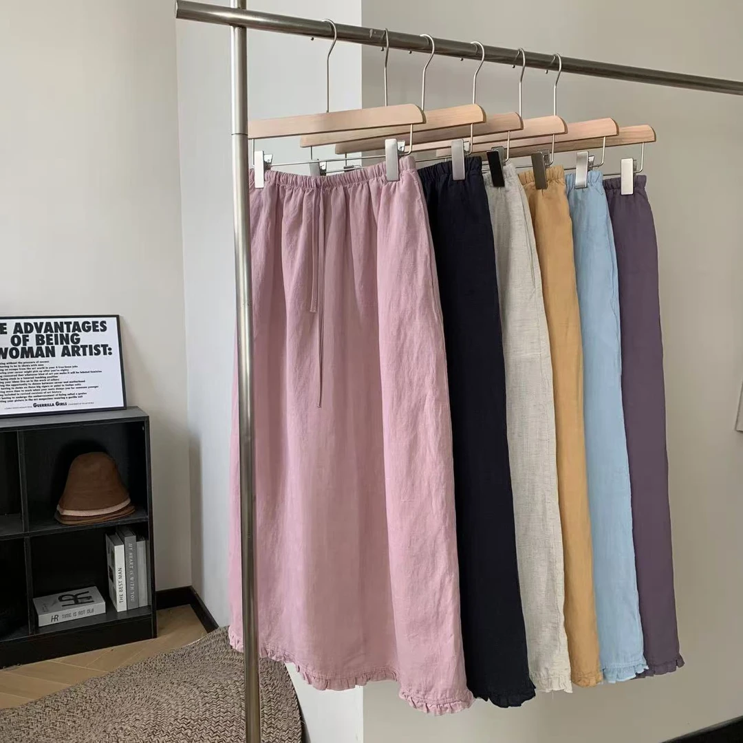 素心轻奢 夏季松紧腰天丝亚麻半身裙花边直筒薄款a字中长裙13264