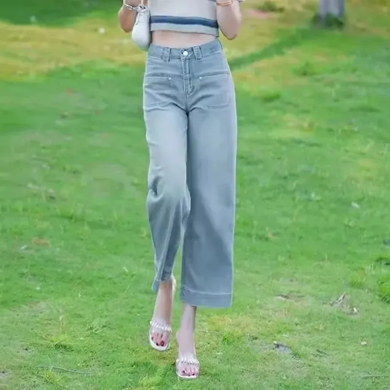 浅蓝色八九分牛仔阔腿裤女夏薄款2025新款高腰宽松显瘦垂感直筒裤