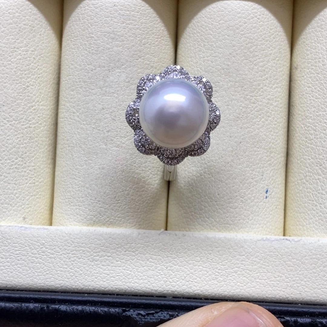 银S925镶嵌戒指海水珍珠澳白戒指10-11m m
