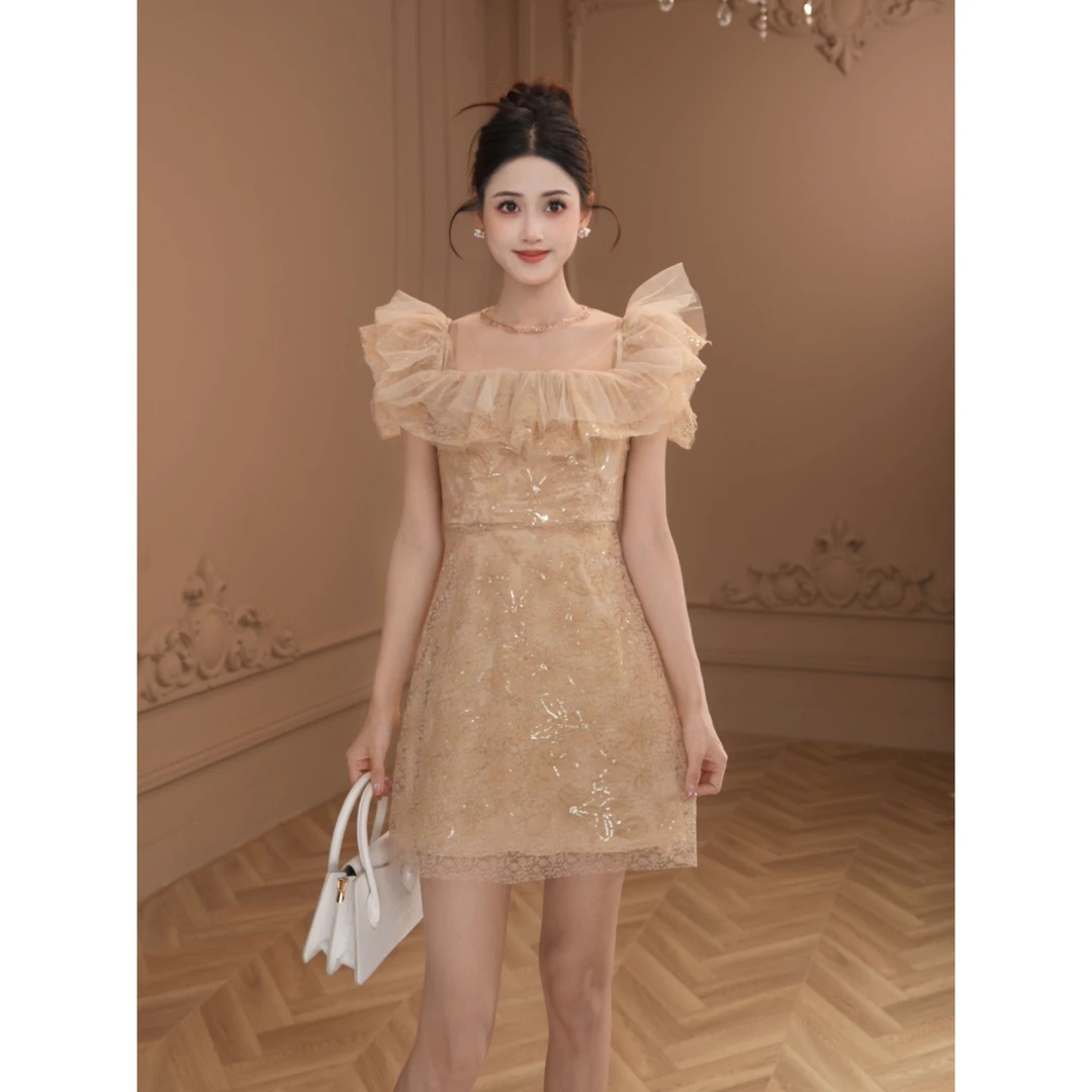 【柒老板定制】新款法式名媛收腰显瘦气质优雅短款蕾丝连衣裙21344