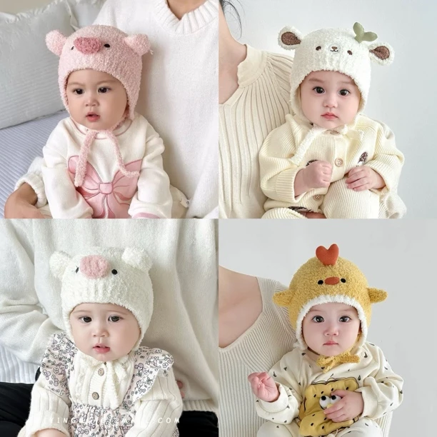 宝宝帽子婴儿可爱超萌猪猪包头帽新生幼儿秋冬保暖防风毛绒护耳帽