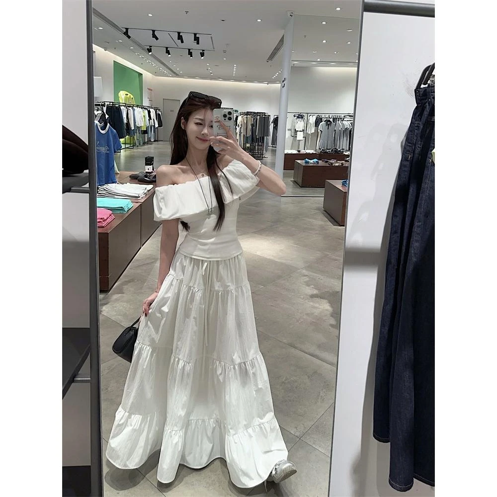 法式温柔套装一字肩花苞修身T恤女装夏季高腰显瘦A字半身裙两件套