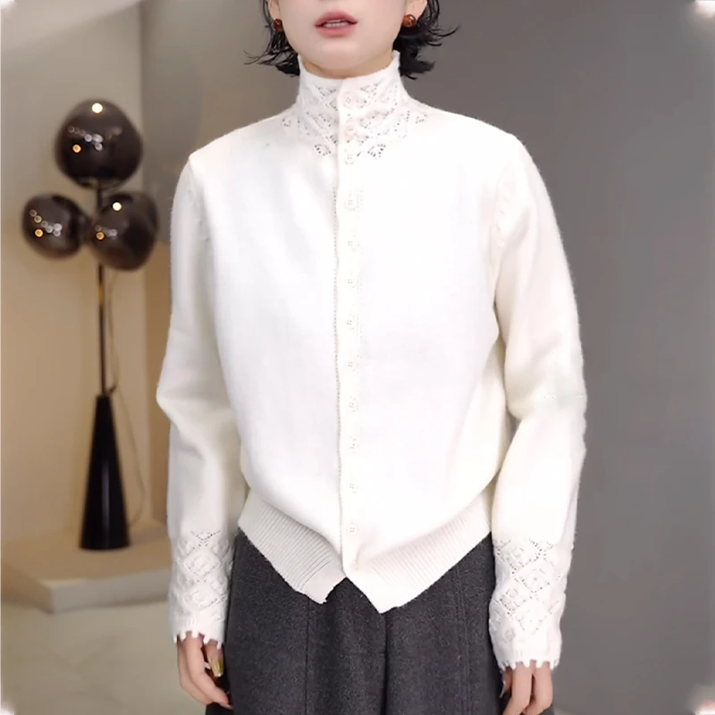 灰色半高领针织开衫女士秋冬慵懒风休闲显瘦镂空钩花毛衣外套上衣