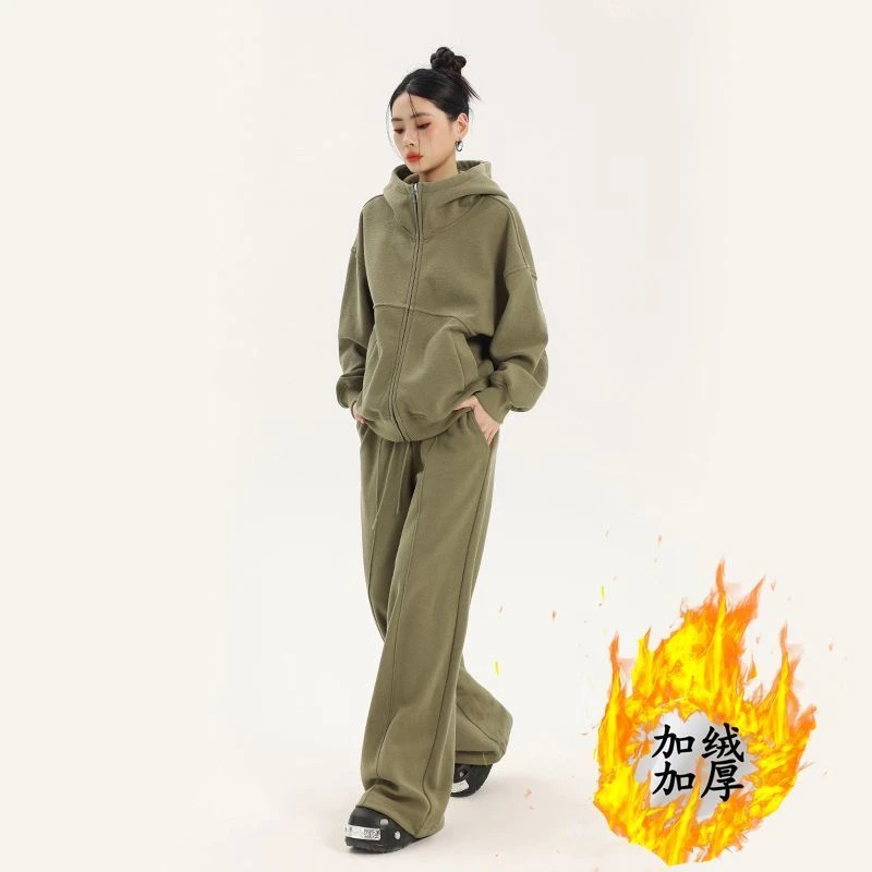 大码时尚休闲秋冬新款连帽卫衣卫裤运动套装设计感加绒加厚两件套