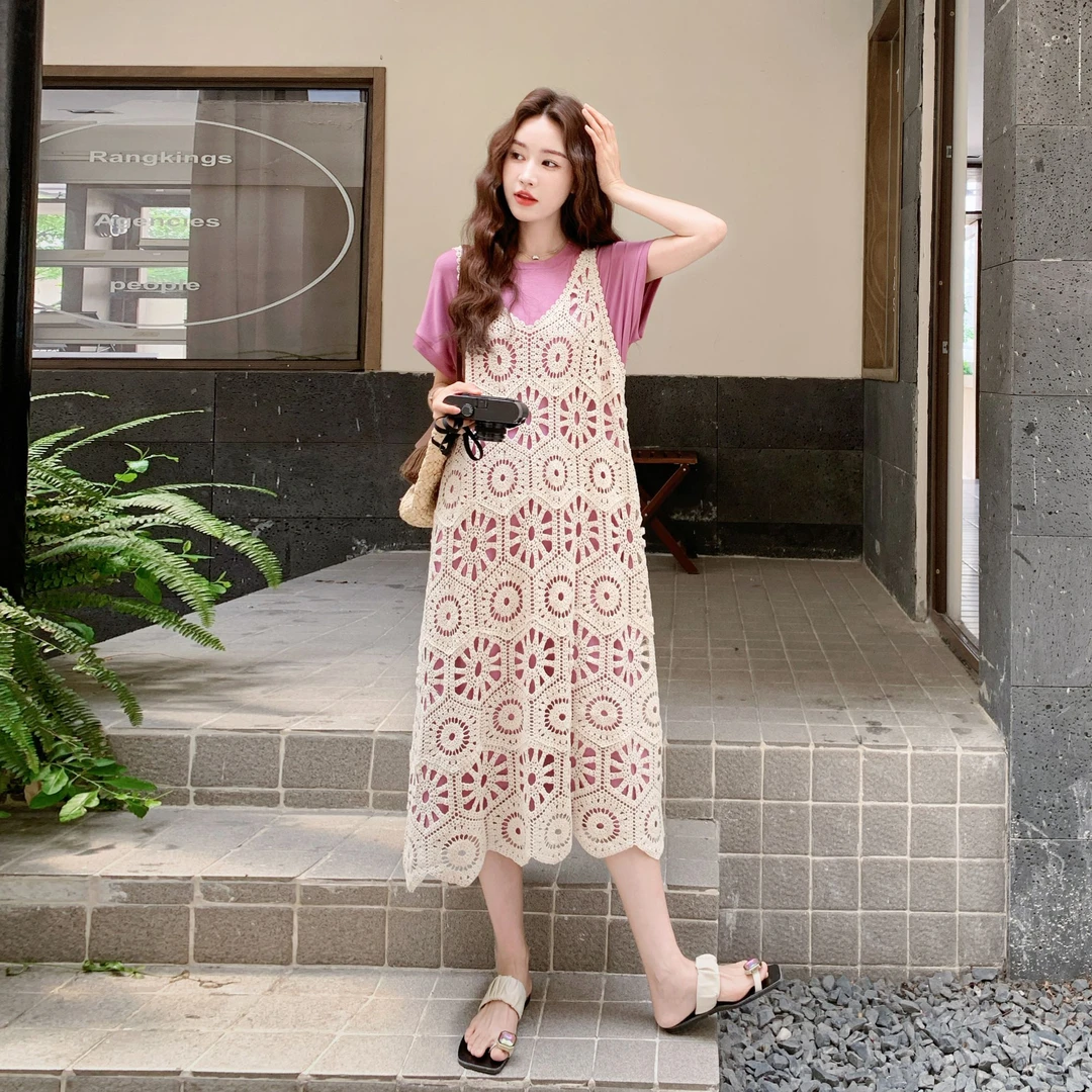 韩系减龄穿搭套装裙女2025夏季新款小众设计镂空罩衫T恤裙两件套