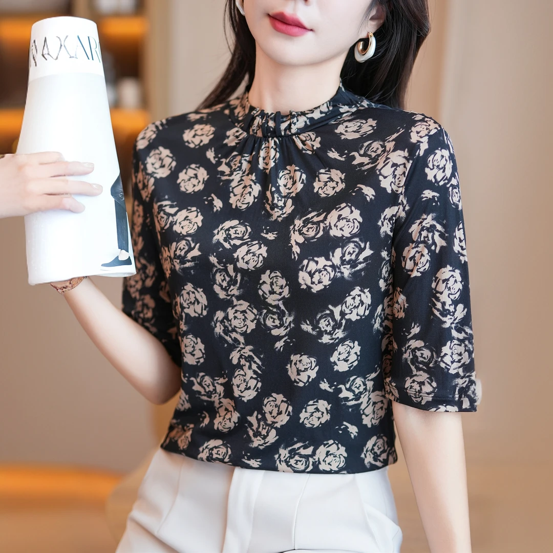 真丝印花短袖针织T恤女2025款显瘦小衫时尚减龄上衣夏季桑蚕丝