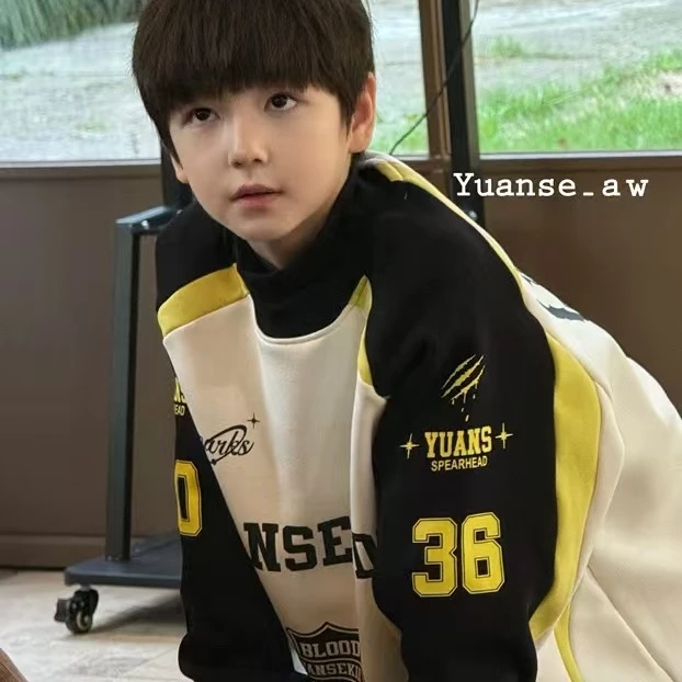 2025原色冬款中大童男童羊绒蚕丝T休闲加绒韩版拼接