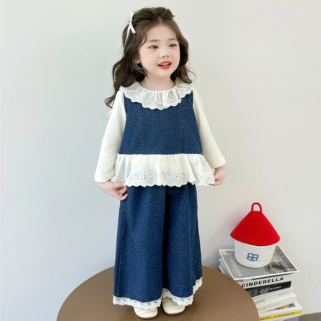 女童牛仔套装洋气时髦儿童花边阔腿裤三件套小女孩宝宝秋装2025新
