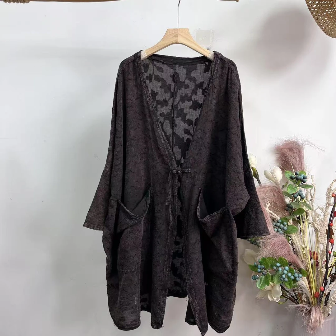 花璟与麻原创复古提花一粒扣V领中长款风衣外套（衣长90胸围不限）