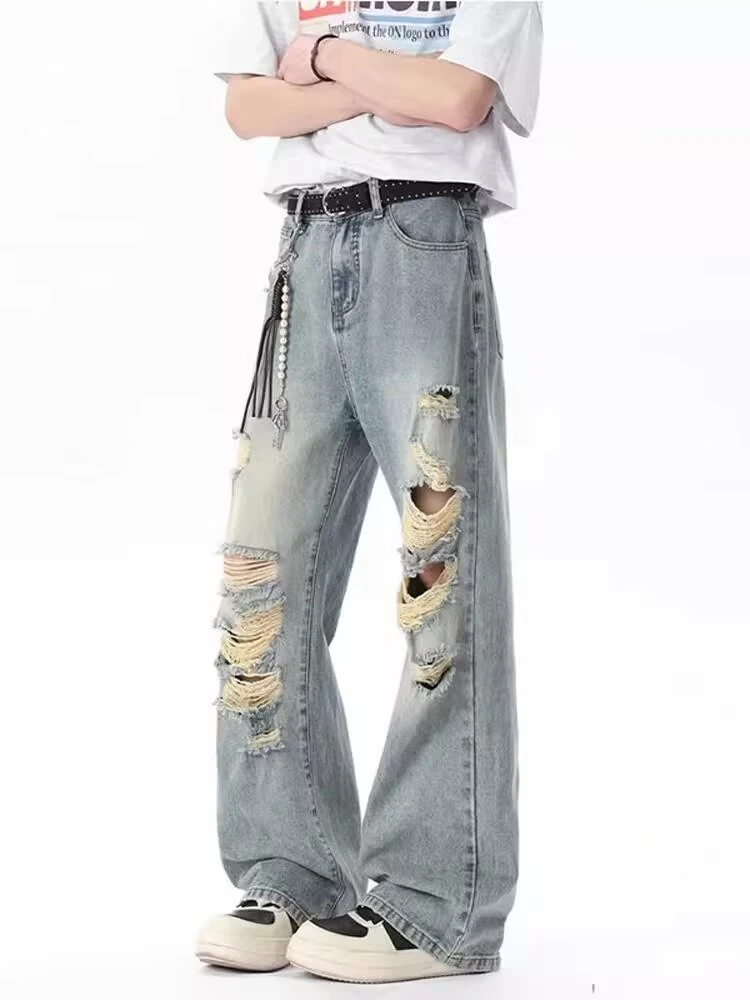 美式高街复古破洞牛仔裤潮牌男女百搭痞帅宽松休闲直筒水洗长裤子