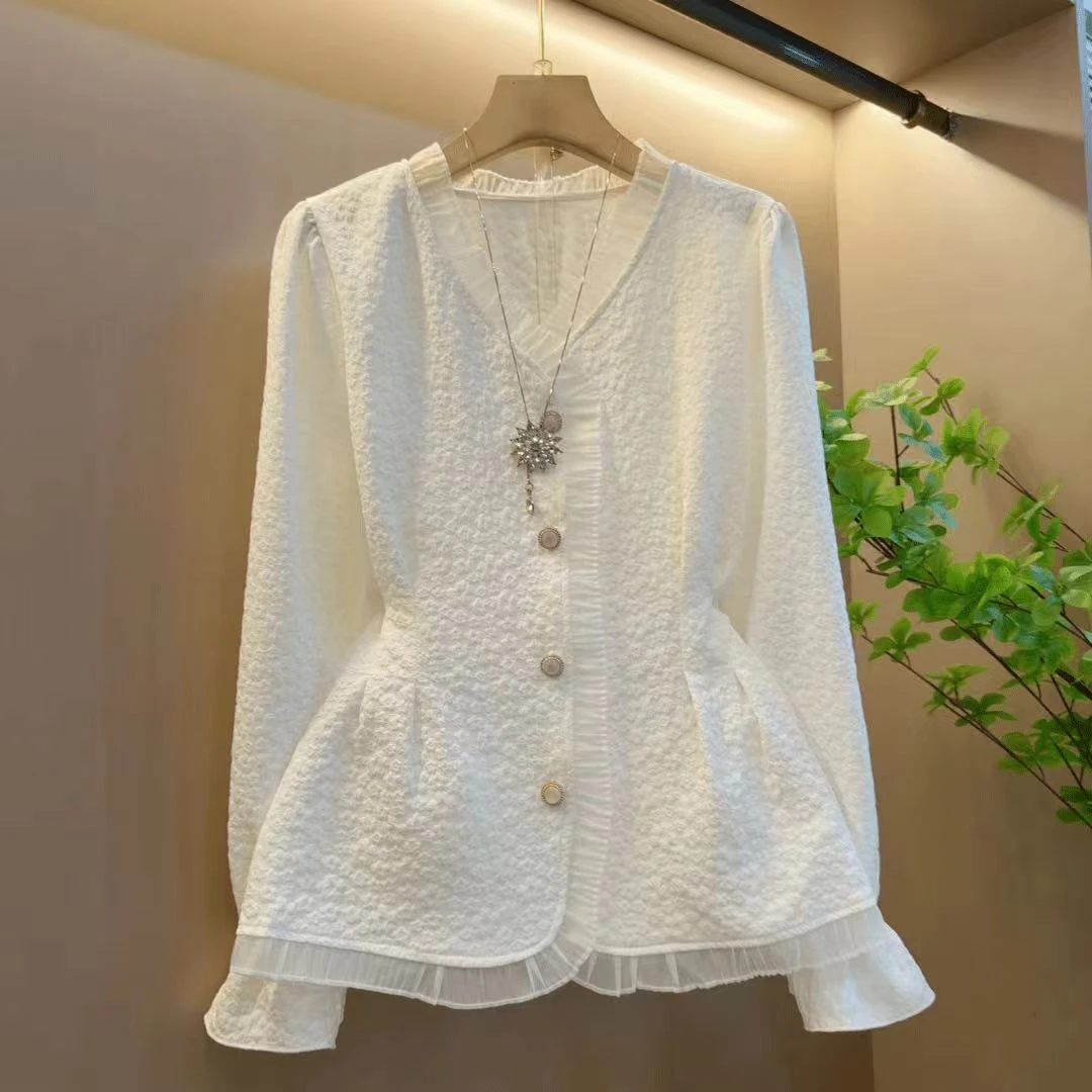 长袖衬衫春秋女款2025年新款别致漂亮小衫收腰气质v领法式上衣女