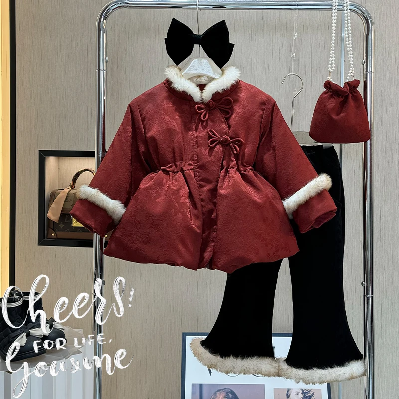 冬装女童棉服外套新款中国风冬季加绒加厚小女孩洋气棉衣儿童套装