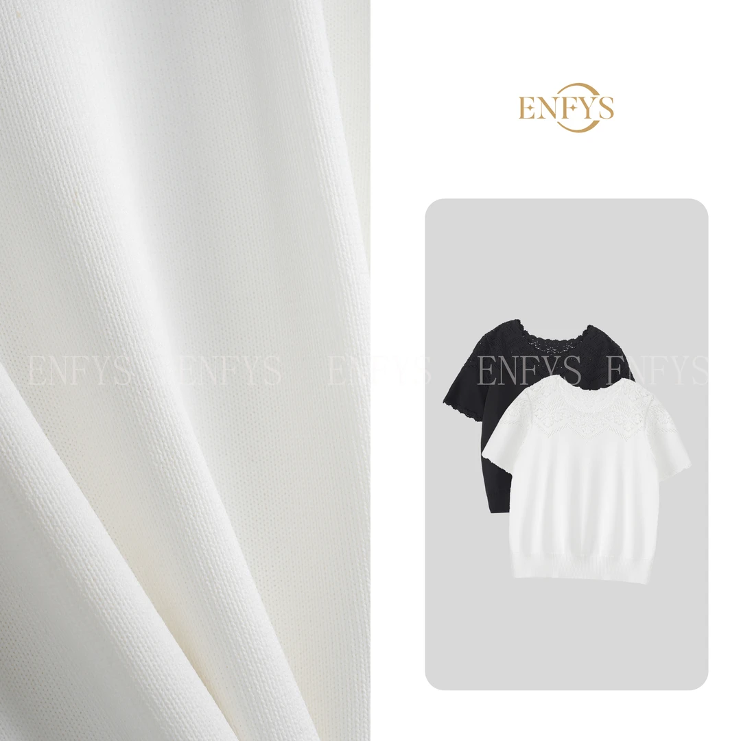 【双姐】春夏款镂空花边领针织短袖圆领套头上衣蕾丝款XP001-11493