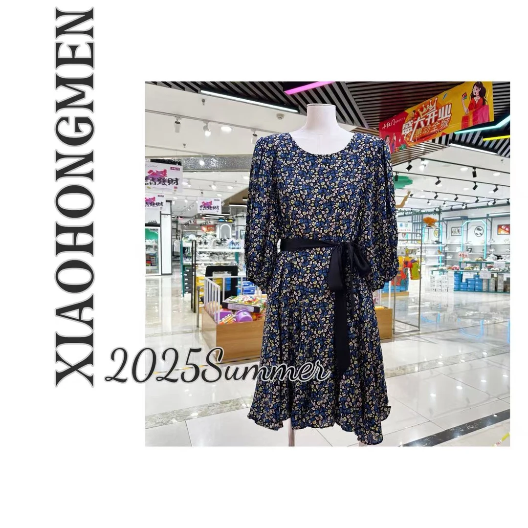 A186 2025夏季新款百搭小碎花短袖腰带连衣裙