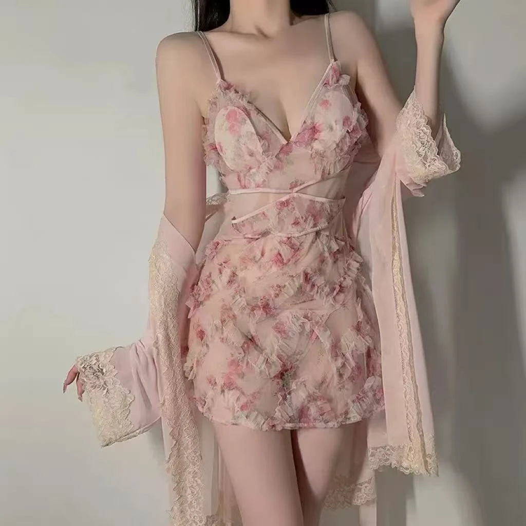 【夏日花序】法式性感甜美浮雕镂空碎花蕾丝显瘦收腰吊带睡裙网红