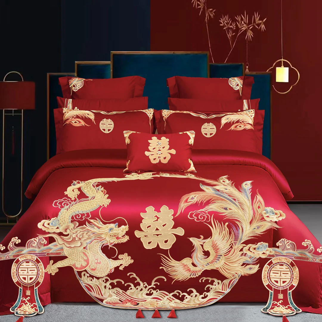 100%A类保暖大红色床品套件中式婚庆刺绣床上用品