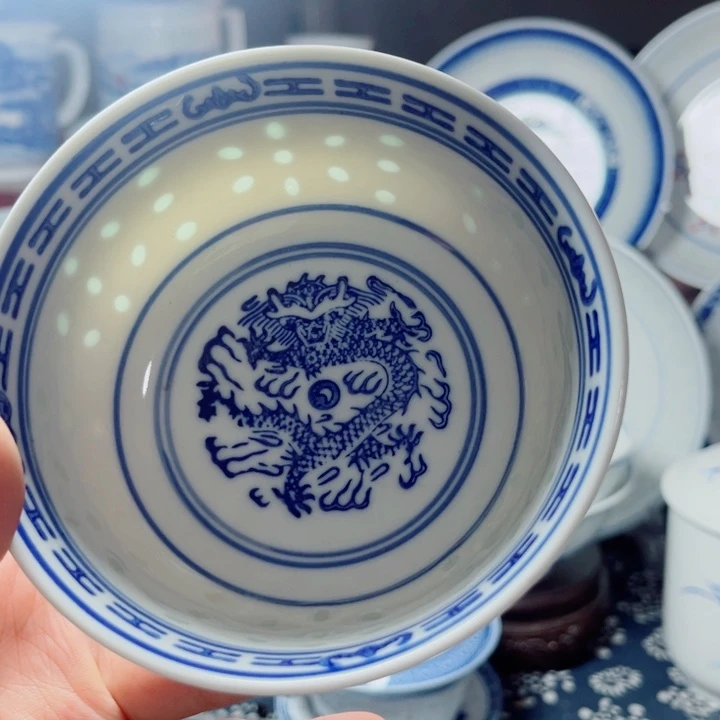 青花玲珑4.5寸小饭碗龙纹