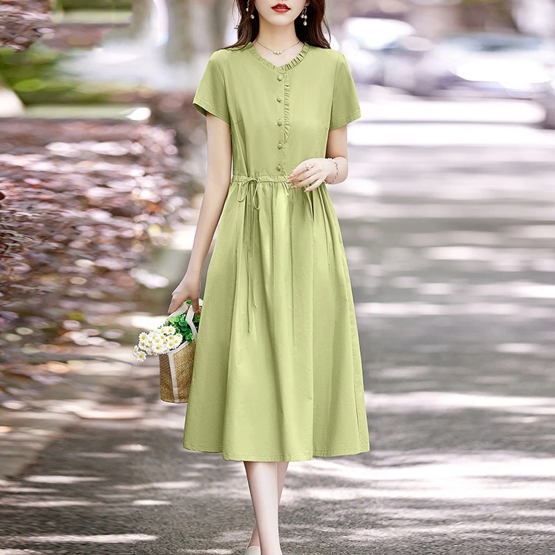 棉麻连衣裙女短袖中长款2024夏新款收腰显瘦中年妈妈气质减龄裙子