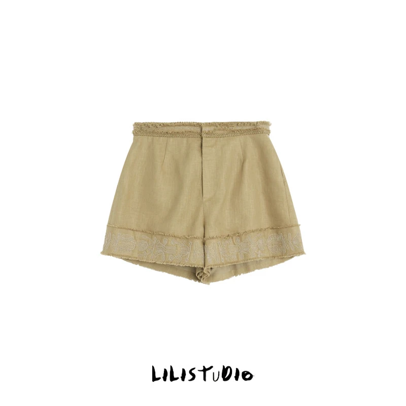 PCNY「棕雅麻韵」不理理夏季新款小众女装气质时尚女裤刺绣重工短裤