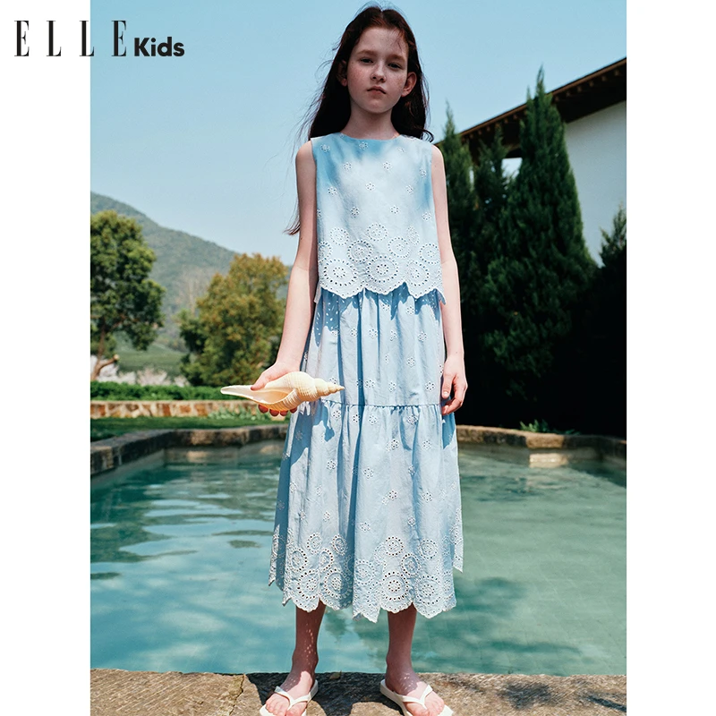 ELLE KIDS 法式撞色刺绣度假套装女童夏季新款无袖背心+半身裙X2