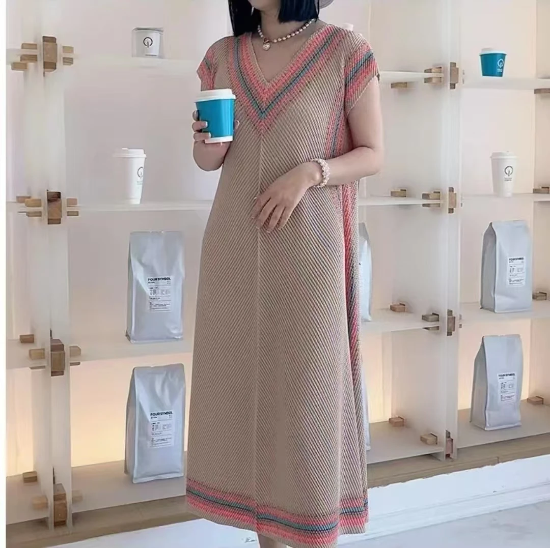 【憬衣】夏季新款中长款褶皱复古撞色时尚连衣裙V领减龄裙子显瘦