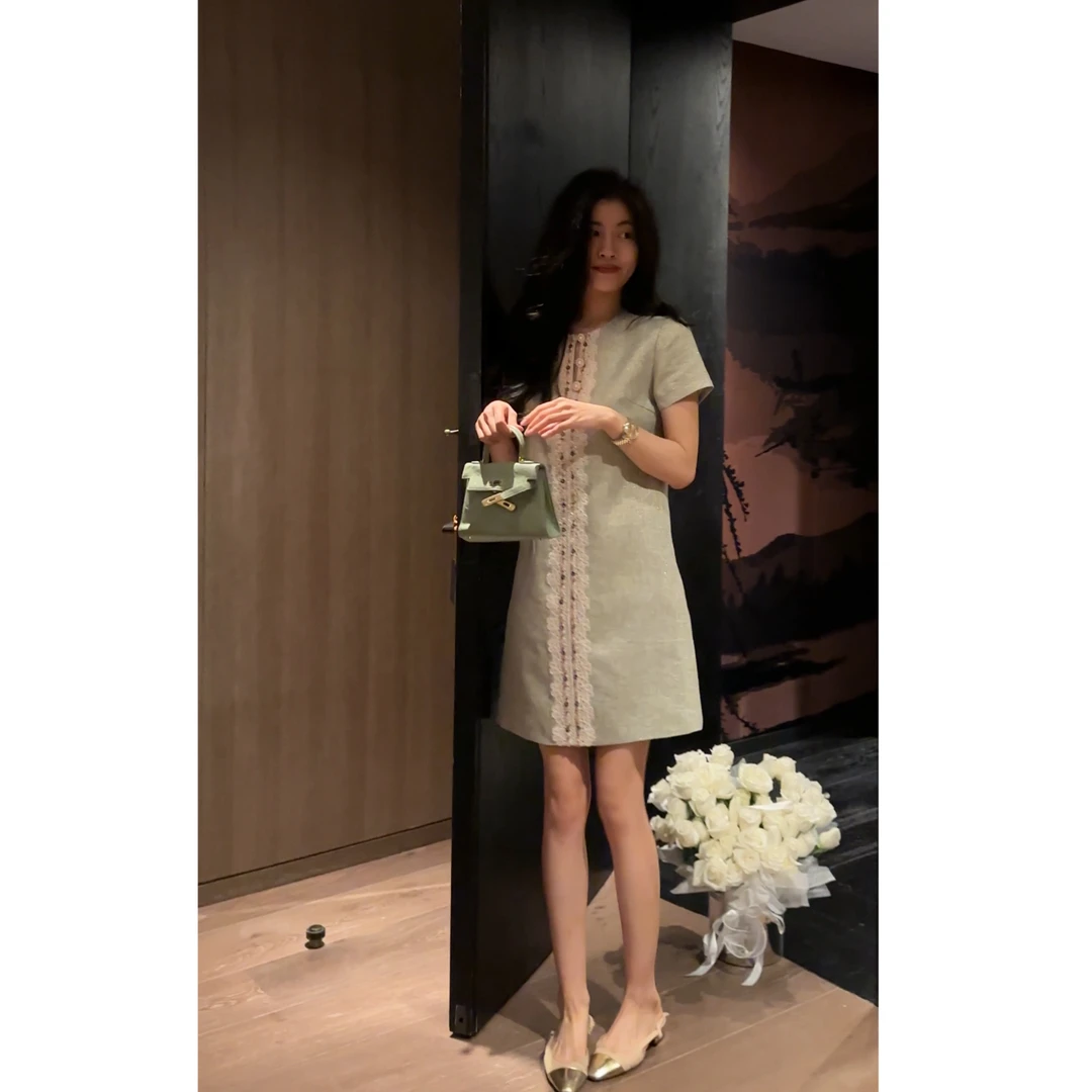 【N·COU】25夏新款【职场女神】设计感蕾丝花边亚麻连衣裙DY80565