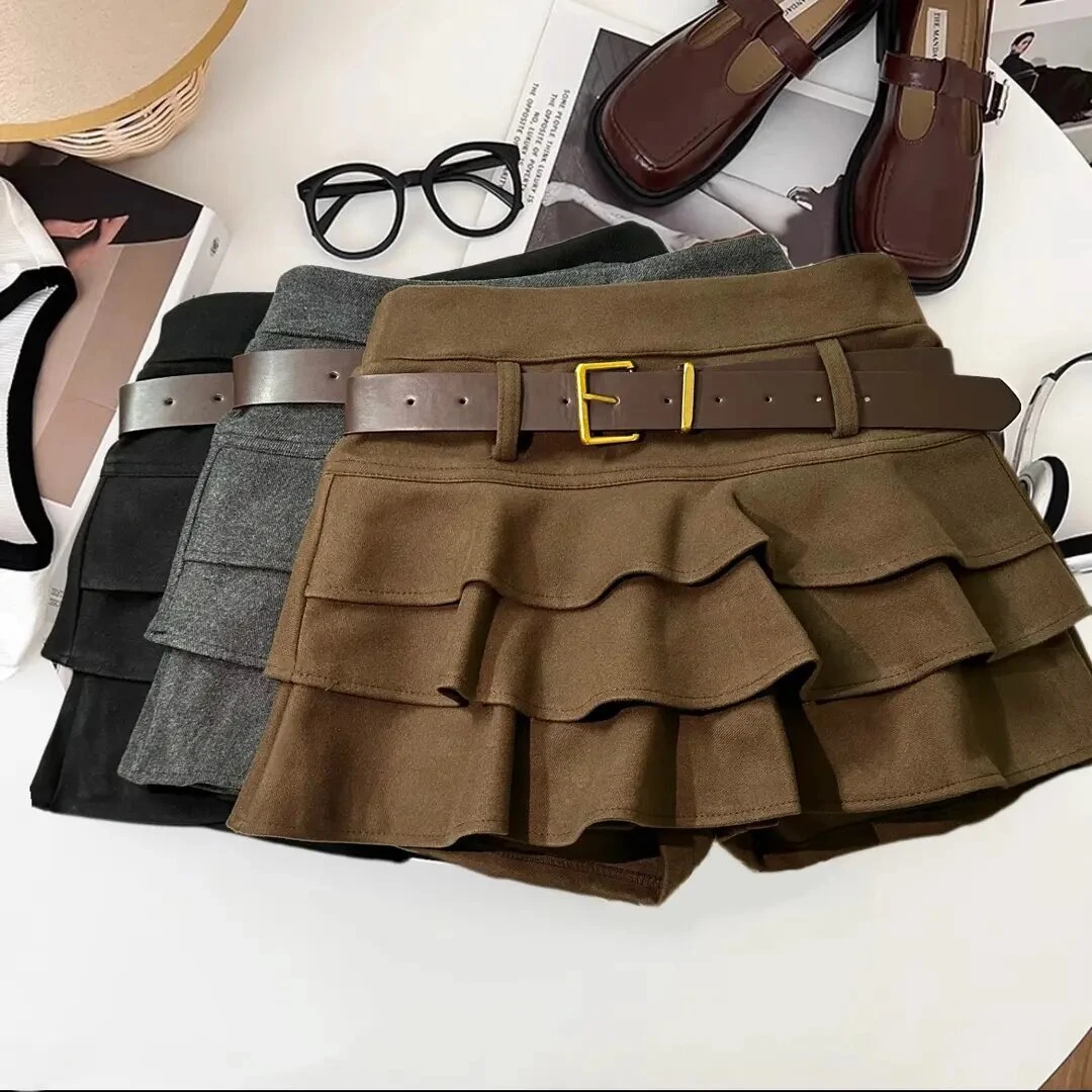 毛呢秋冬设计感时尚高腰显瘦咖色荷叶边A字蛋糕半身短裙女