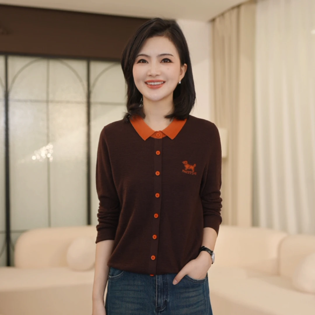 枫竺阿楠anan高级感撞色翻领刺绣长袖针织女秋冬全羊毛毛衣