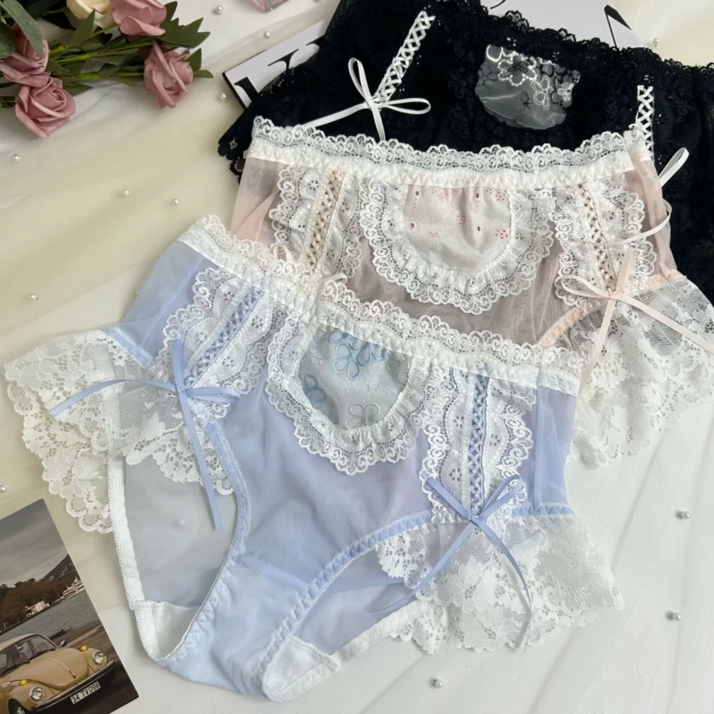 女生胖妹妹法式蕾丝大码中高腰透明网纱夏季薄款洛丽塔内裤包臀
