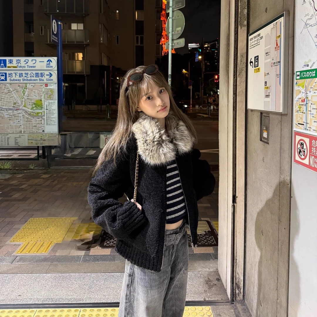 高品质定染毛领小颗粒羊羔毛冬黑色毛毛冬装网红洋气炸街女装