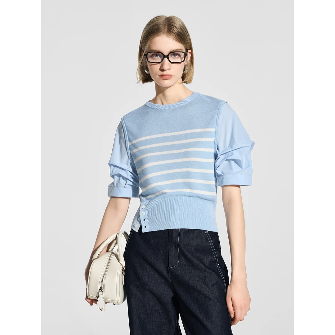 贝茜妮假两件条纹拼接短袖针织衫女2025夏季新款设计感不规则上衣