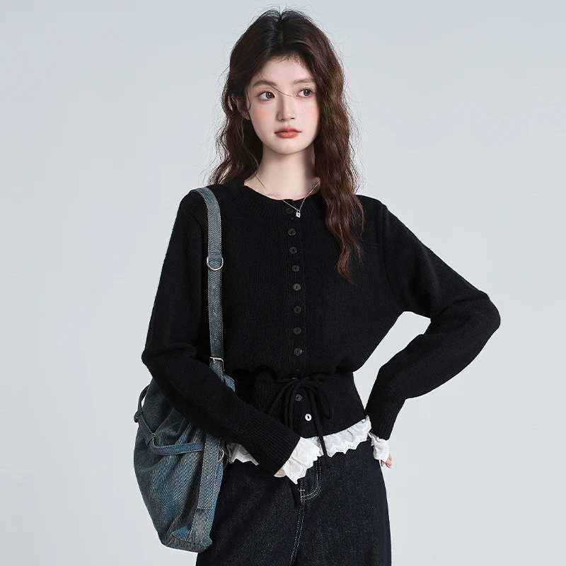 黑色假两件蕾丝针织毛衣女2025春秋新款内搭收腰短款开衫外套上衣