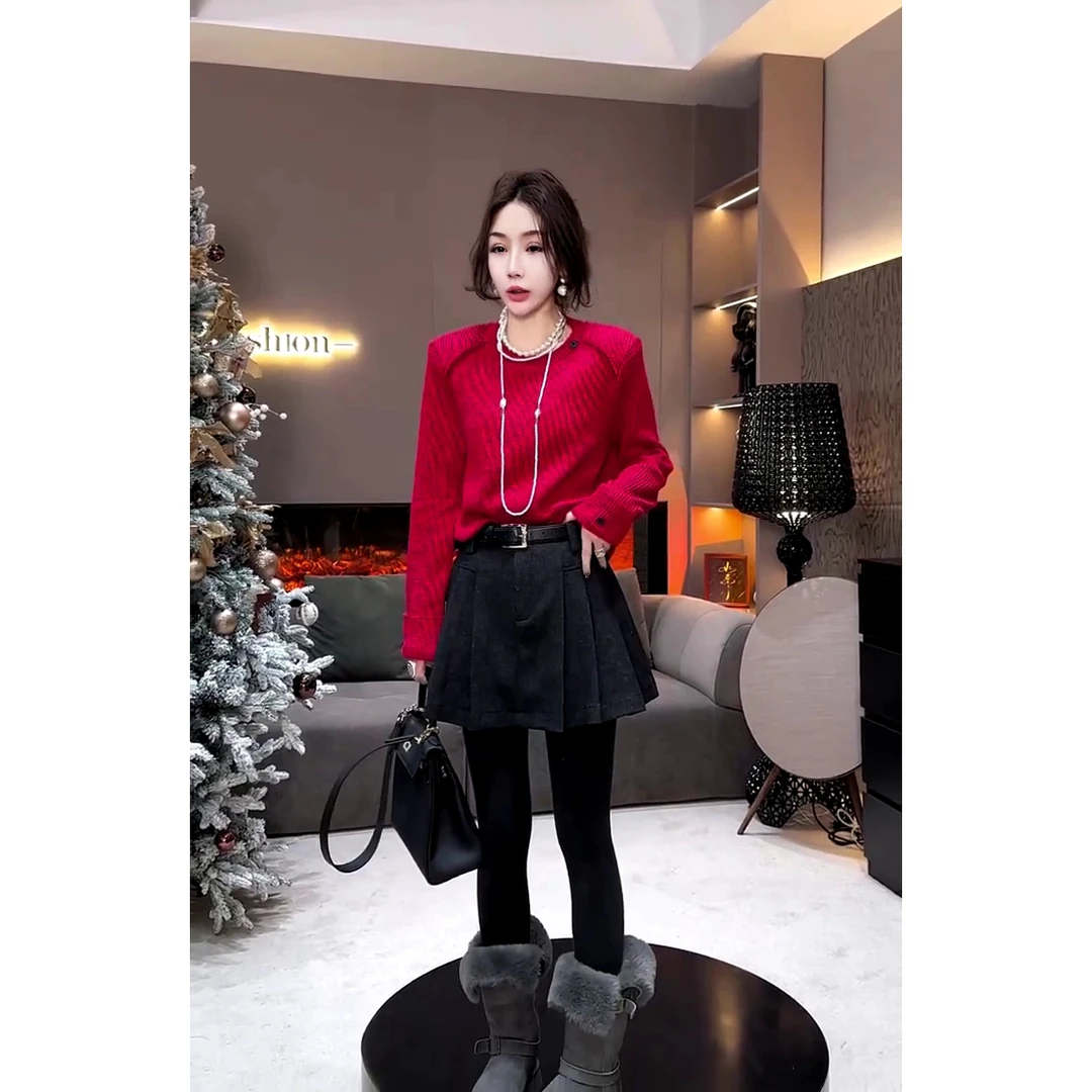 欧货法式街头风老钱风设计小扣正肩圆领针织衫