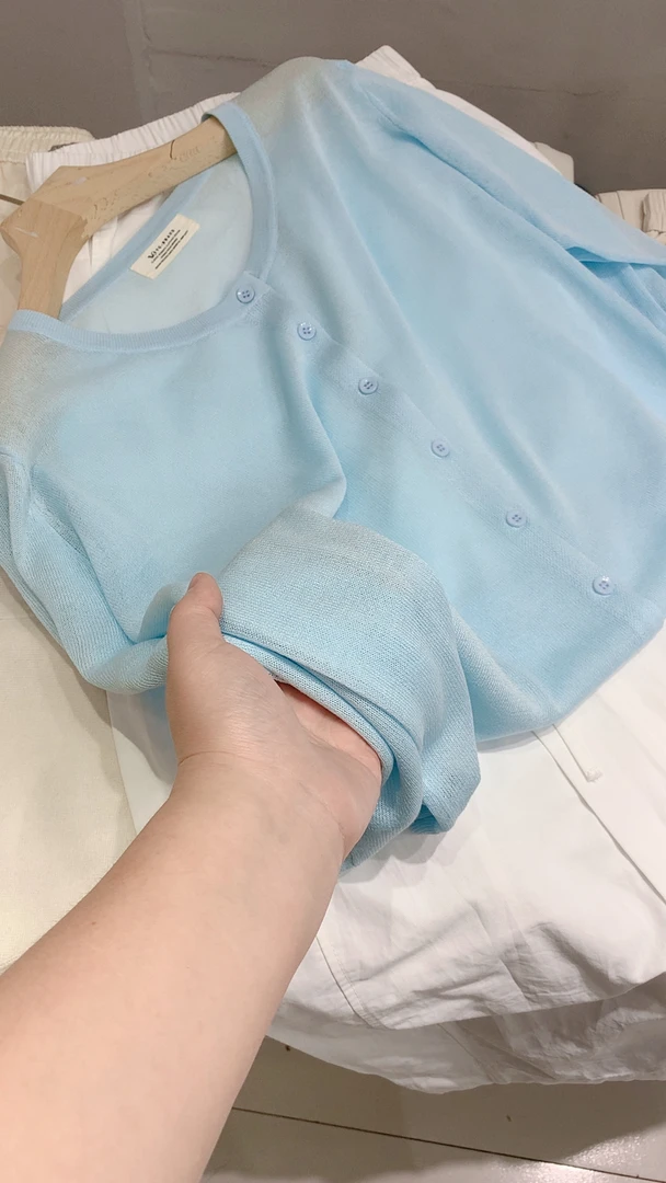 宝衣家 夏季柔软透气云水蓝蚕丝亚麻可防晒长袖开衫