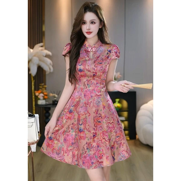 【胭脂玉露】复古新中式国风立领盘扣收腰显瘦连衣裙 B5880