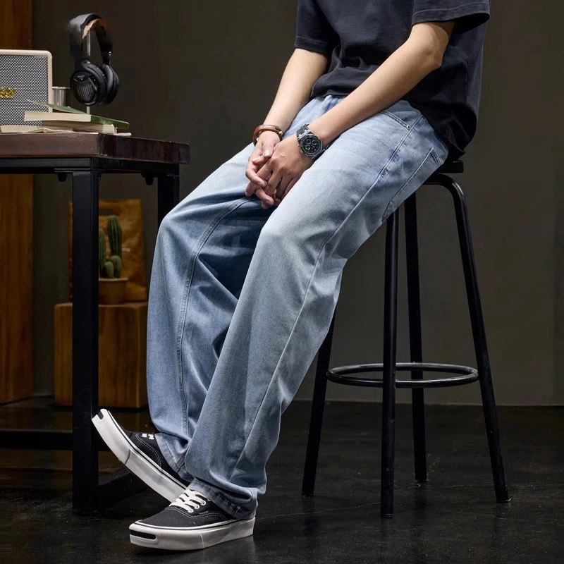 Cebrodz夏季薄款莱赛尔天丝牛仔裤男士宽松垂感阔腿裤浅色直筒裤