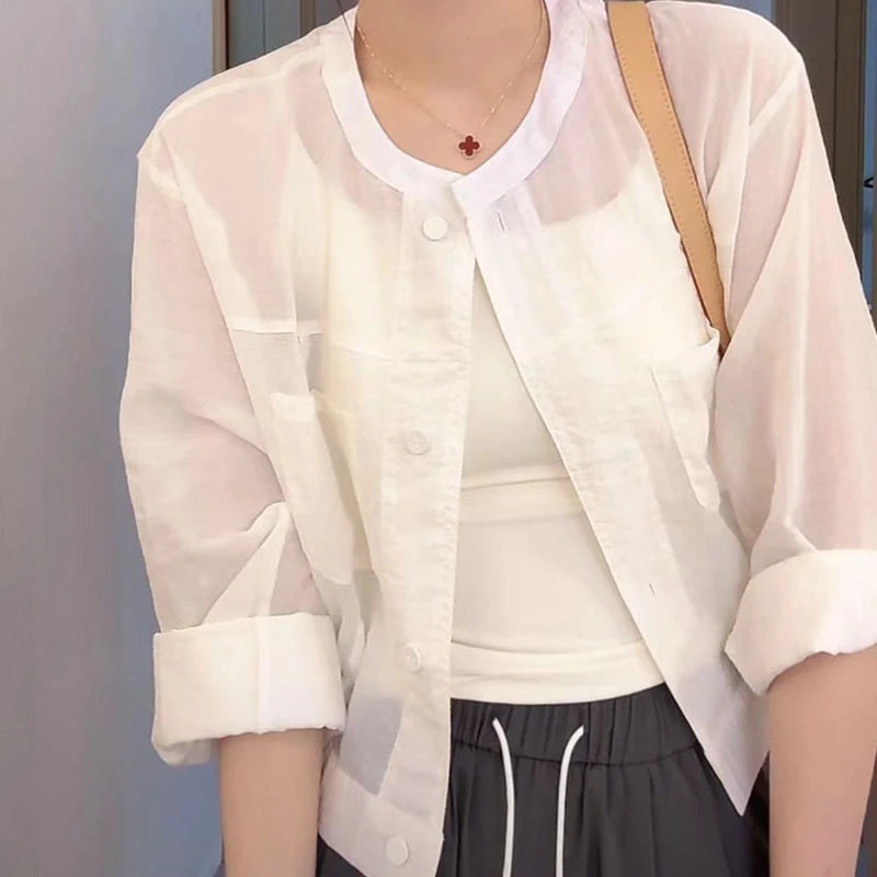 韩版简约小众纯色口袋防晒长袖外套女士2025夏季休闲宽松显瘦上衣