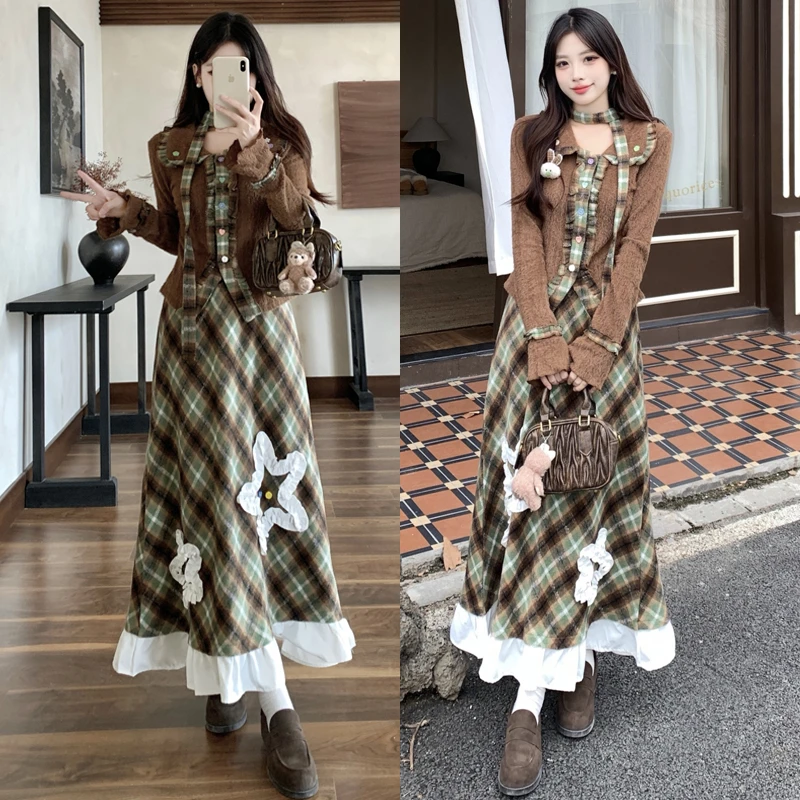 大码【可可松露】甜美风毛针织开衫上衣女秋冬格纹绣花长裙套装女