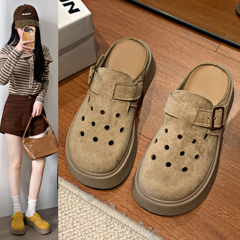 松糕厚底洞洞鞋女外穿2025新款春季增高一脚蹬包头半拖勃肯凉拖鞋