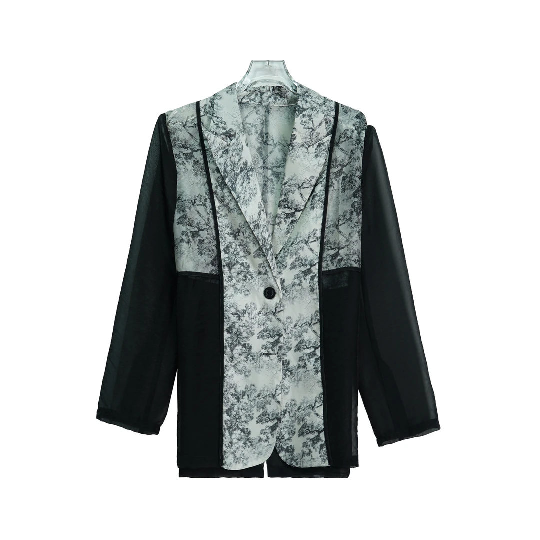 X6955经典黑色拼色水墨画单排扣修身外套