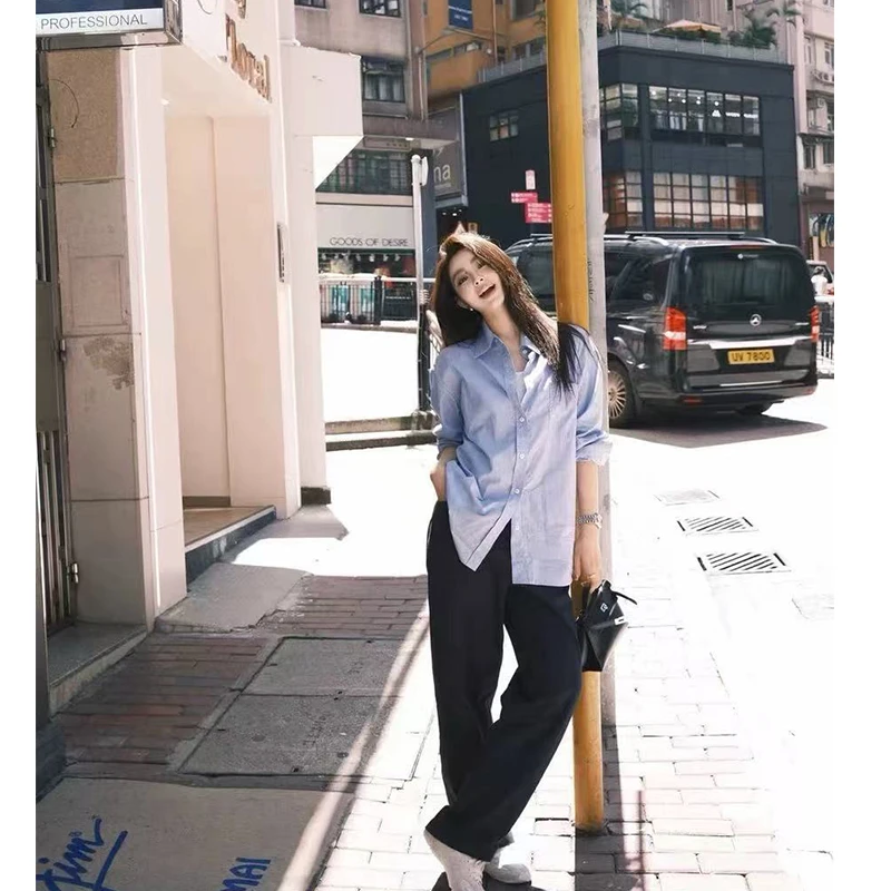 024蓝色竖条纹百搭长袖衬衫女Polo领小众通勤衬衣外套秋